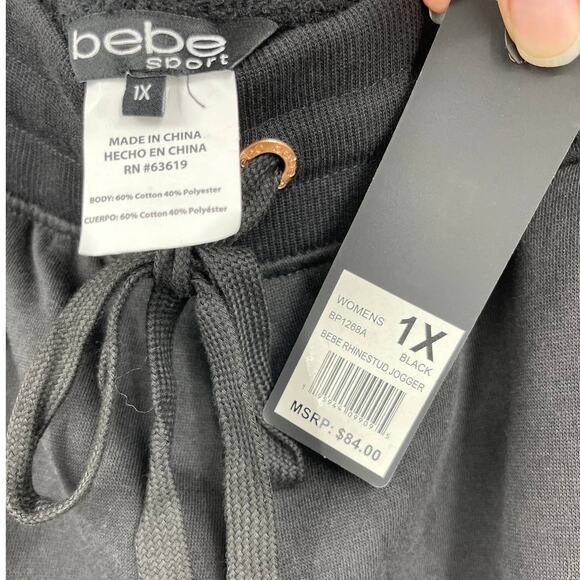 Bebe Womens Black Jogger Sweatpants Fleece Activewear Pants Rhinestones NEW 1X - Picture 8 of 11